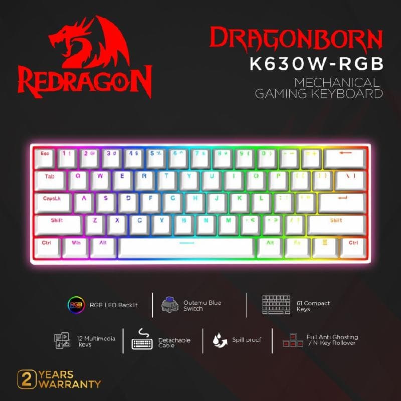 REDRAGON DRAGONBORN - K630W RGB (WHITE) RED SWITCH MECHANICAL GAMING KEYBOARD