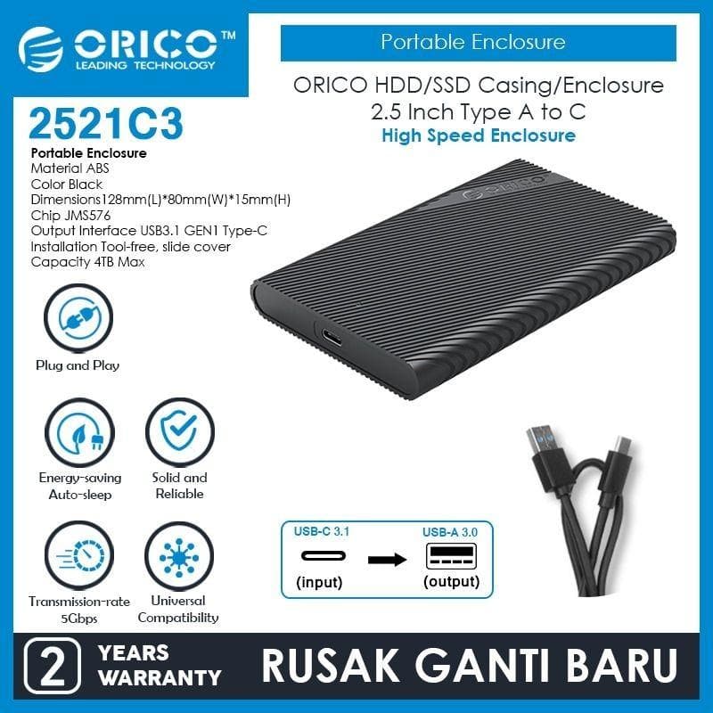 ORICO 2521C3-BK-EP HDD/SSD Casing/Enclosure 2.5 Inch Type A to C