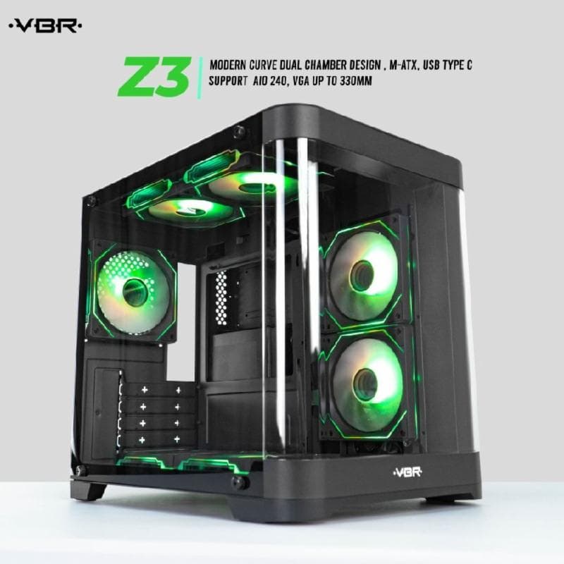 VBR Z-3 (BLACK) Modern Curve Dual Chamber M-ATX USB Type C Support  AIO 240, VGA up to 330mm