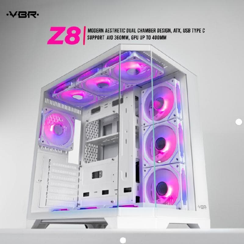 VBR Z-8 (WHITE) Modern Aesthetic Dual Chamber ATX USB Type C Support  AIO 360 VGA up to 400mm