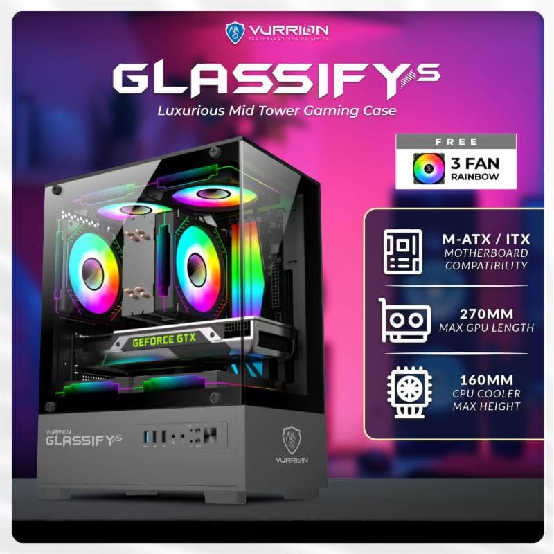 VURRION GLASSIFY'S (BLACK) M-ATX GAMING CASE Free 3 Fan RGB