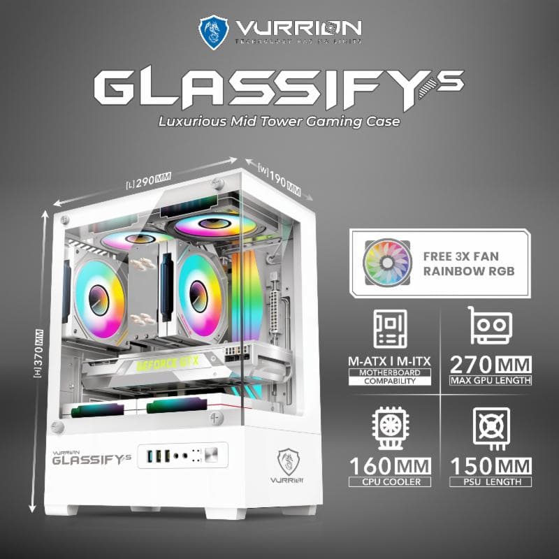 VURRION GLASSIFY'S (WHITE) M-ATX GAMING CASE Free 3 Fan RGB