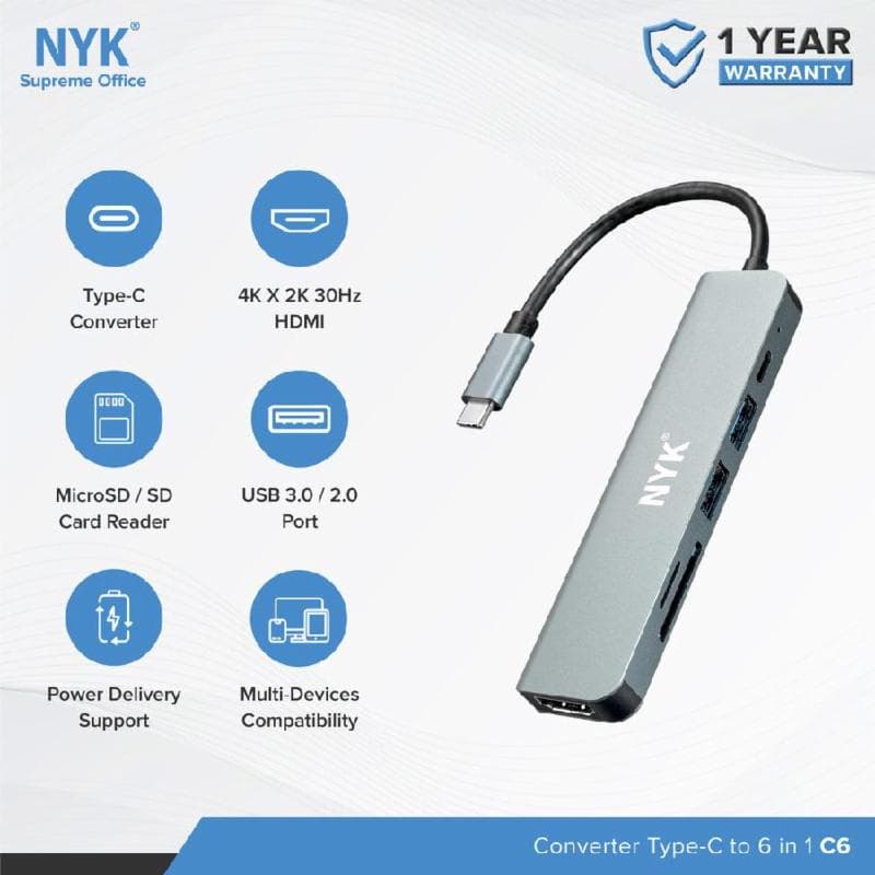 NYK C6 TYPE-C TO 6 IN 1 (HDMI+CR+USB+TC) CONVERTER