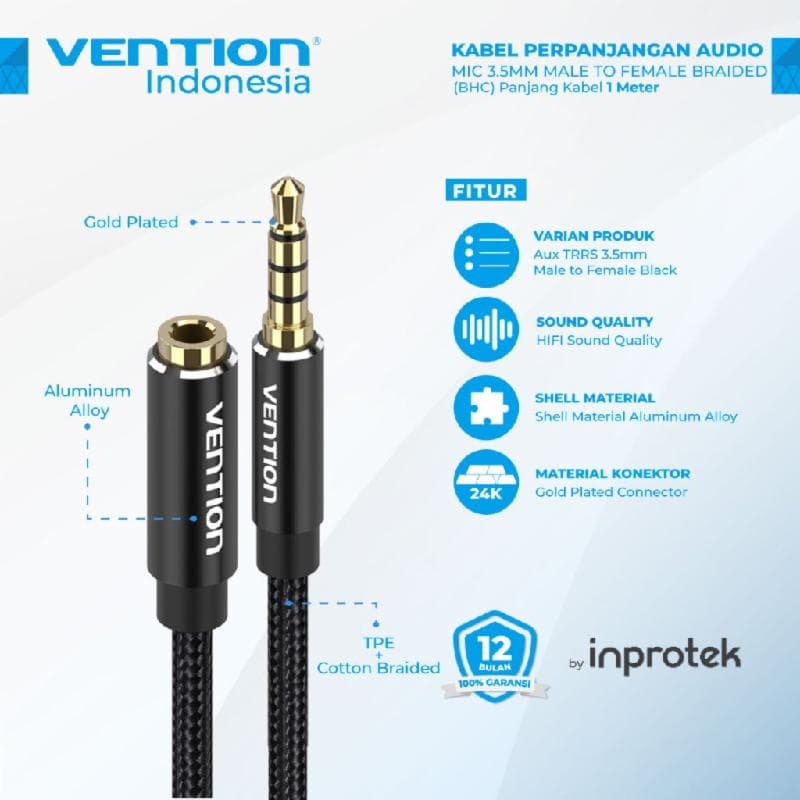 VENTION BHCBL 10M KABEL AUDIO EXTENSION Cotton Braided TRRS 3.5Male-3.5 Female Audio Black Aluminum Alloy Type