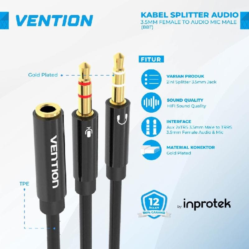 VENTION BBTBY 0.3M KABEL AUDIO SPLITTER 2*3.5mm Male to 4 Pole 3.5mm Female Black ABS Type