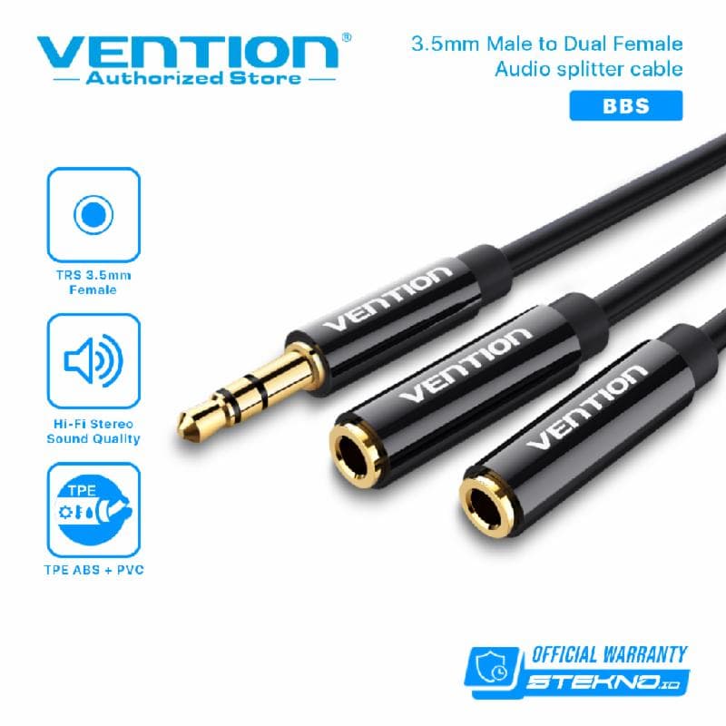 VENTION BBSBY 0.3M KABEL AUDIO SPLITTER 3.5mm Male to 2*3.5mm Female Stereo Black ABS Type