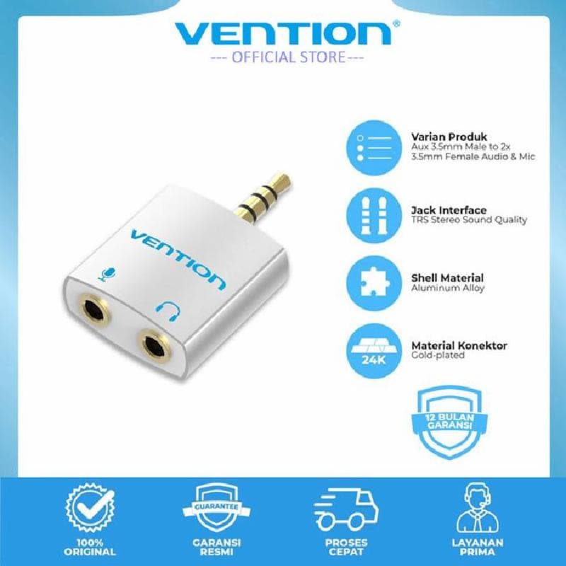 VENTION BDBW0 4 Pole 3.5mm Male to 2*3.5mm Female Audio Adapter Silvery Metal Type