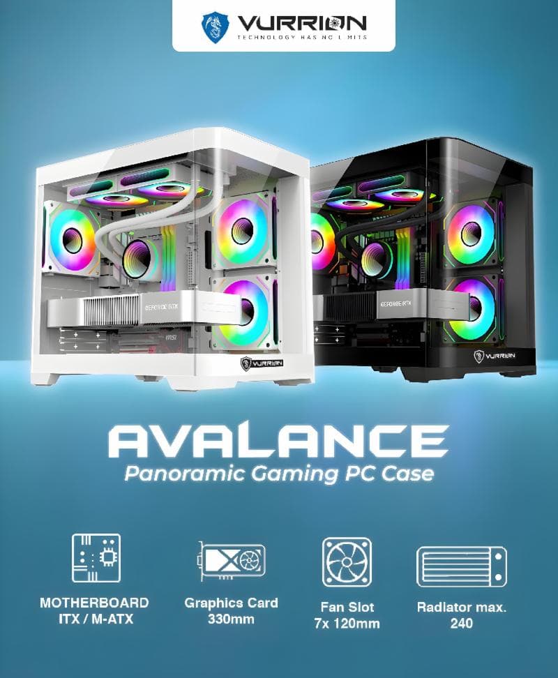 VURRION AVALANCE (BLACK) Panoramic -mATX Gaming Case - Front Acrylic & Left Side Tempered Glass - Airflow Potential
