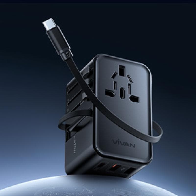 VIVAN VPS-T006A 70W GaN 10A PD QC 3.0 Universal World Travel Adapter Charger + Retractable Cable Type C | 5 Output