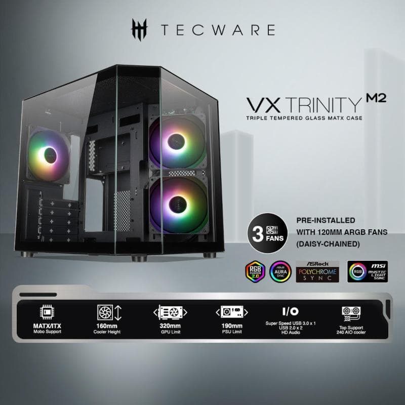 TECWARE VX TRINITY M2 (BLACK) Matx TG Case w/ 3 x ARGB Fans