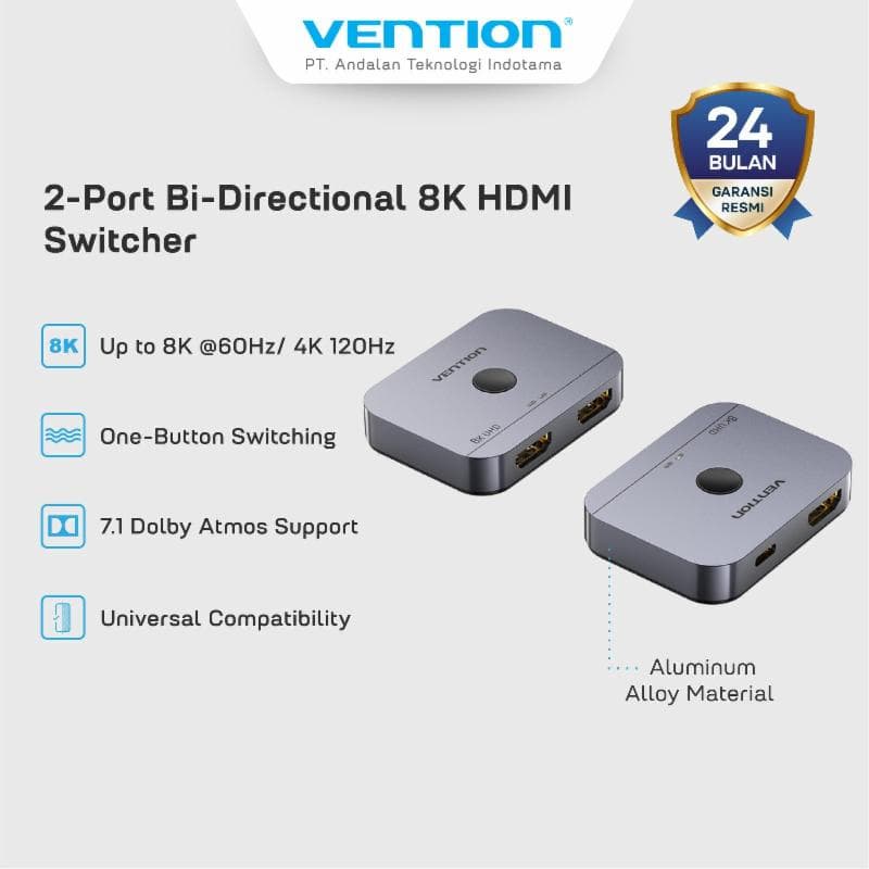 VENTION AKPH0 2 PORT HDMI Switcher 8K 60Hz With Power Supply Gray Aluminium Alloy Type