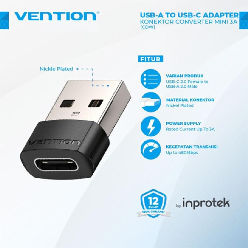 VENTION CDWB0 USB 2.0 Male to USB-C Female Adapter Black PVC Type