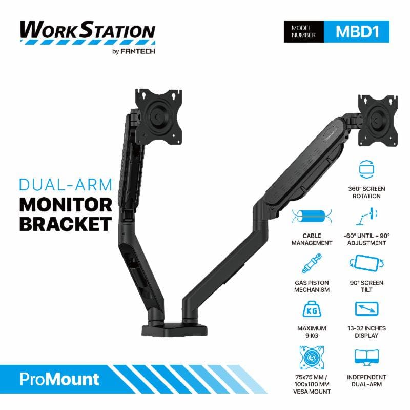 FANTECH WORK STATION PRO MOUNT MBD1 DUAL ARM MONITOR BRACKET FURNITURE ACCESORIES BLACK