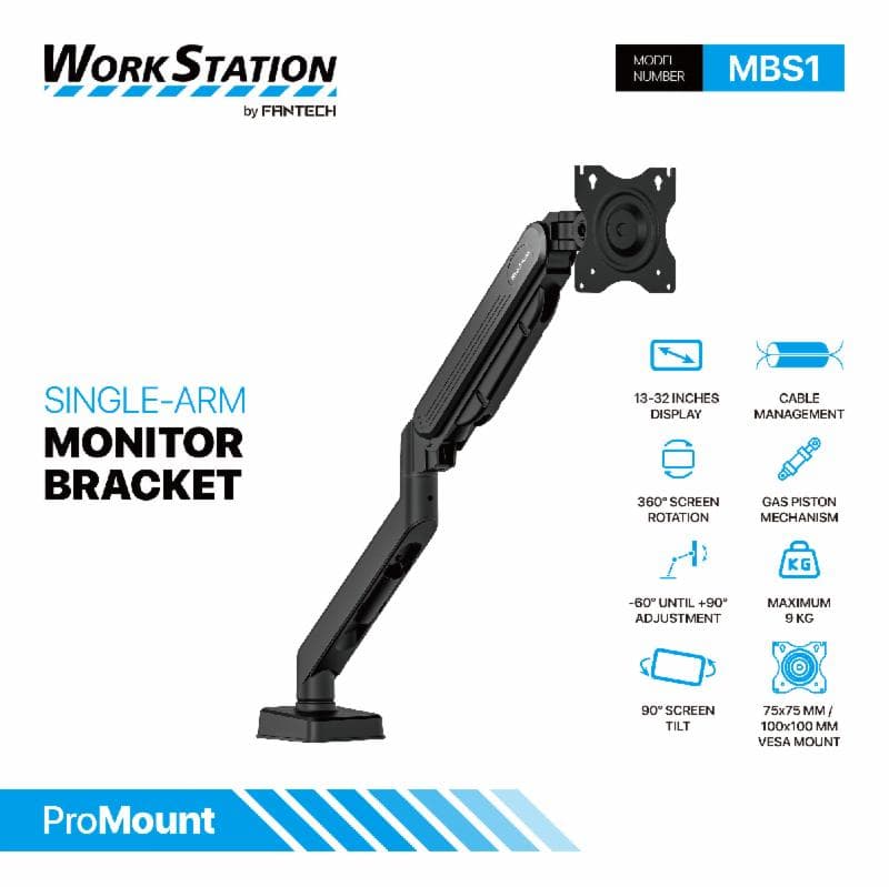 FANTECH WORK STATION MBS1 PRO MOUNT SINGLE ARM MONITOR BRACKET FURNITURE ACCESORIES BLACK