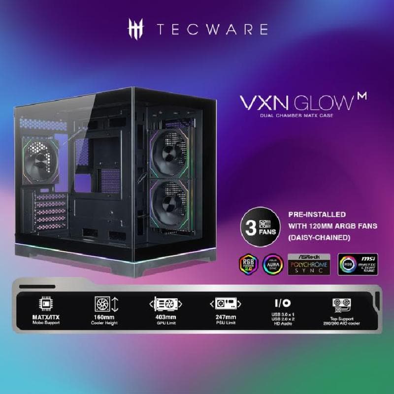 TECWARE VXN GLOW M TG (Black) Matx Case w/ 3 x ARGB Fans