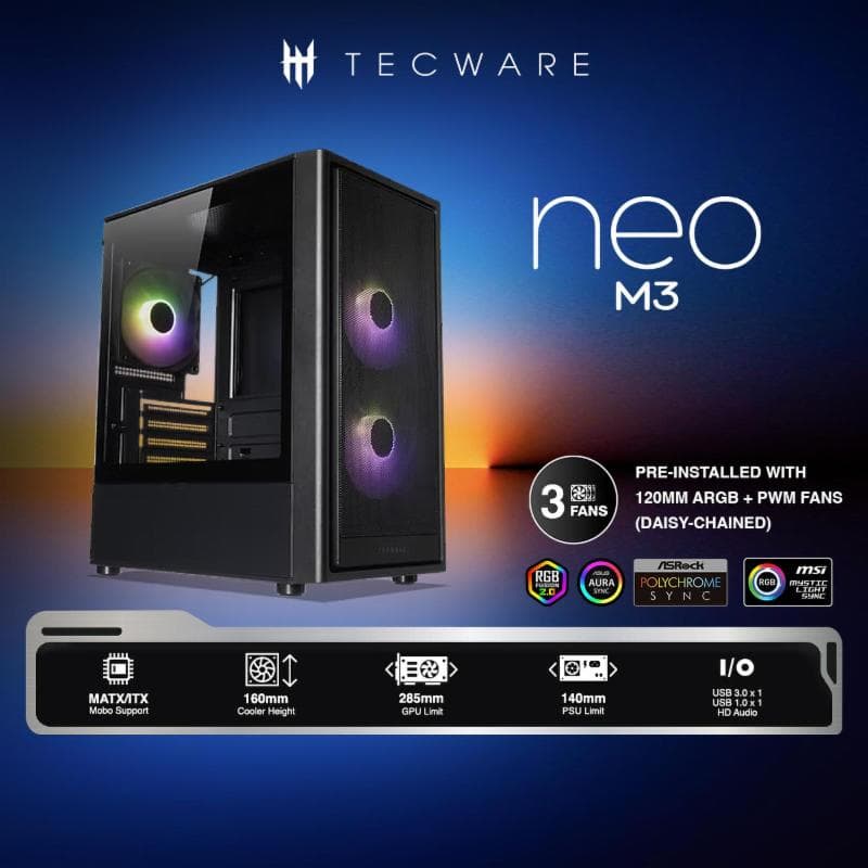 TECWARE NEO M3 TG ARGB (Black) Matx Case w/ 3 x 120mm ARGB Fans