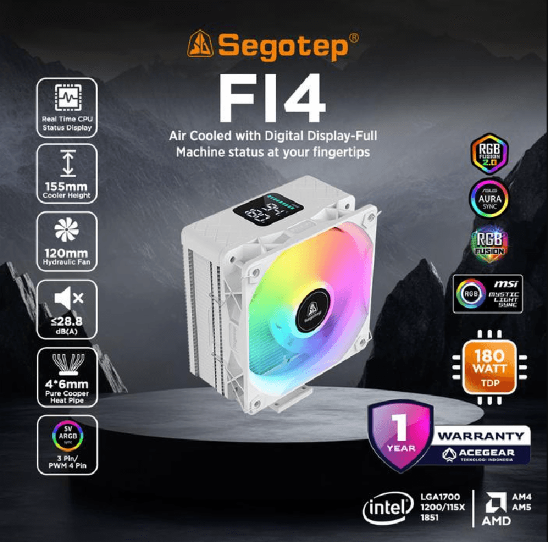 SEGOTEP FI4 Digital White (Intel/AMD Single Tower 4Heatpipe ARGB Air Cooler)