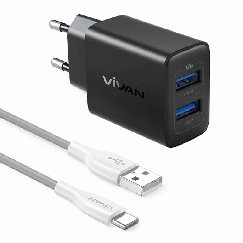 VIVAN Power C12S Black Smart Phone Charger 12W USB-A* 2 Port Fast Charging