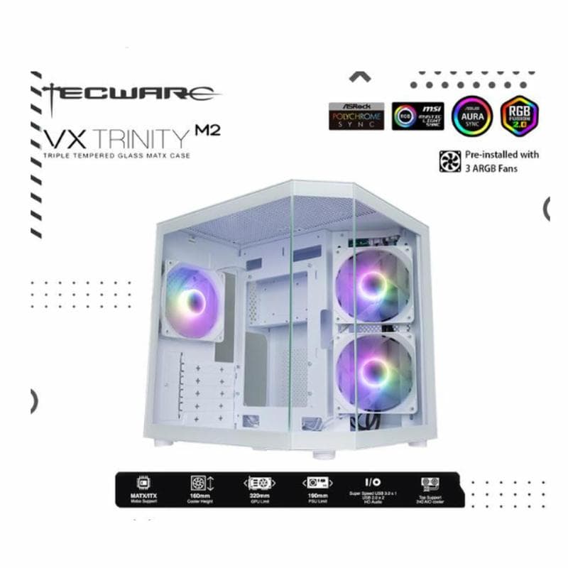 TECWARE VX TRINITY M2 (WHITE) Matx TG Case w/ 3 x ARGB Fans