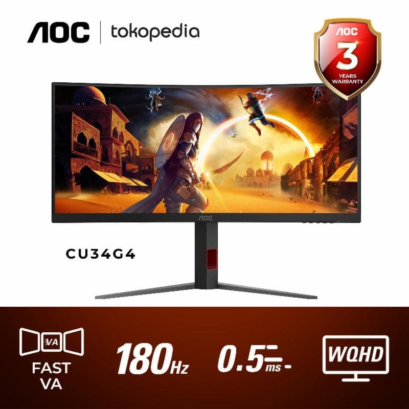 AOC CU34G4 34" Fast VA 0.5ms 180Hz Ultrawide WQHD Curved Gaming Monitor