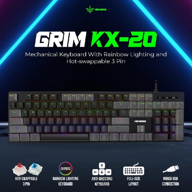 NYK NEMESIS GRIM KX-20 (Black-Grey) BLUE SWITCH Keyboard Fullsize Mechanical 2