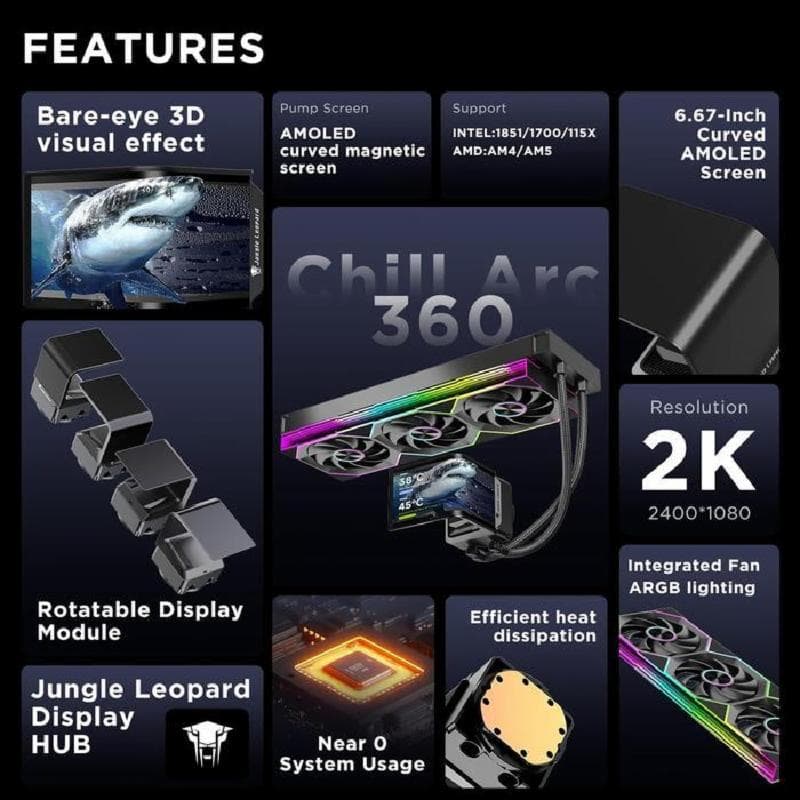 JUNGLE LEOPARD Chill Arc CA360 (BLACK) w/ 6.67" CURVED 2K AMOLED Display CPU AIO Water Cooling 4
