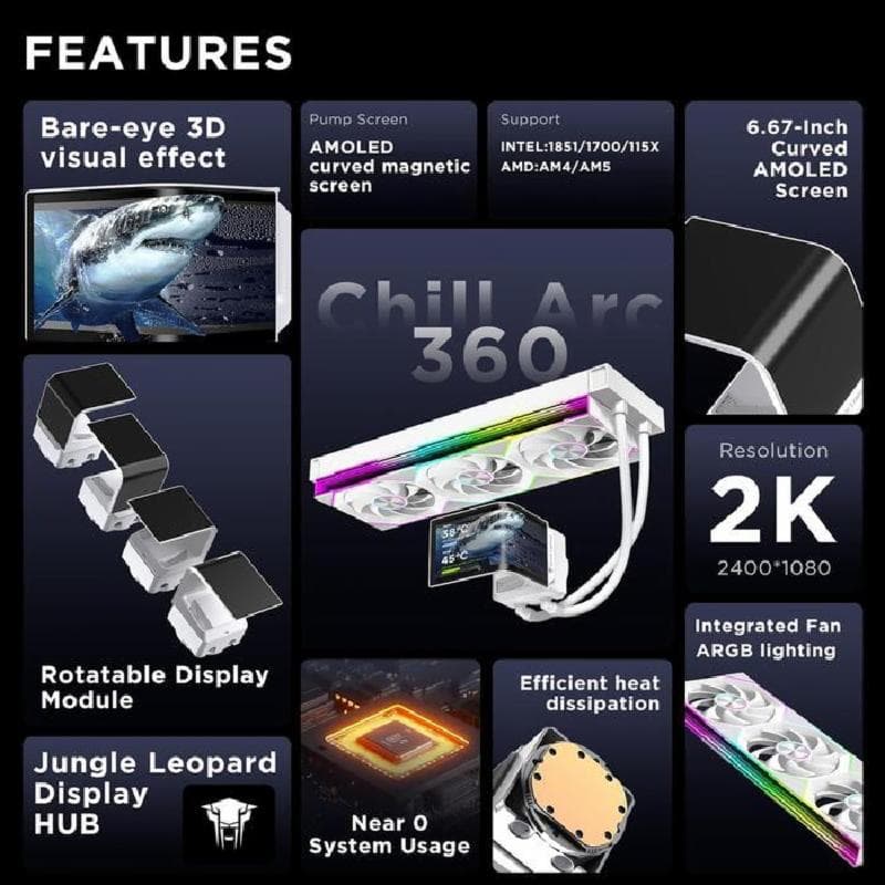 JUNGLE LEOPARD Chill Arc CA360 (WHITE) w/ 6.67" CURVED 2K AMOLED Display CPU AIO Water Cooling 4