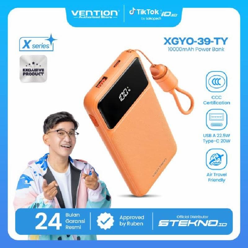 VENTION XGYO0-39-TY 10000mAh Power Bank (USB-C + USB-A) with Built-in Cable 22.5W Orange LED Display Type
