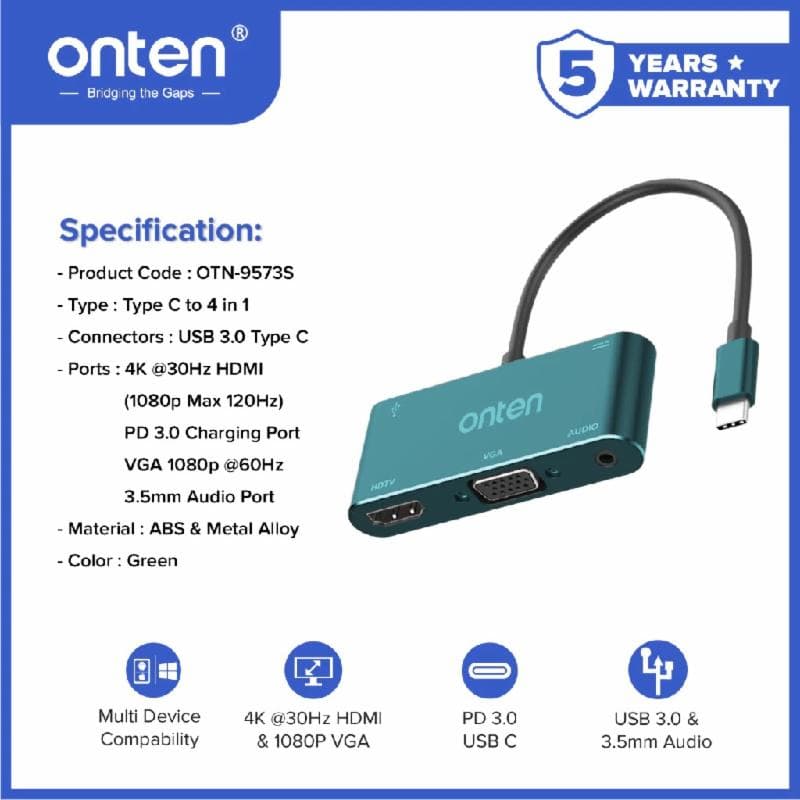 ONTEN 9573S Converter HUB TYPE C to 4 in1 HDMI + VGA + PD3.0 & 3.5mm Audio