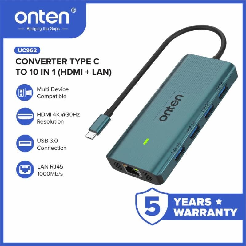 ONTEN UC962 Converter HUB Type C To 10 In 1 HDMI 4K 30Hz LAN RJ45