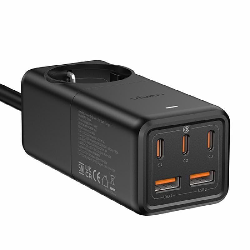 VIVAN VPS-T005A (Black) Charger GaN 75W Socket Travel Adaptor 6 In 1 Fast Charging 2 USB 3 Type C