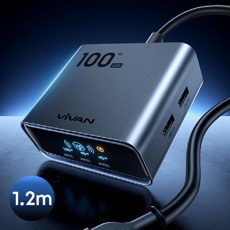 VIVAN GAND10 (Silvery) Desktop Charger 100W 5 Port (3C+2A) LED Display AI