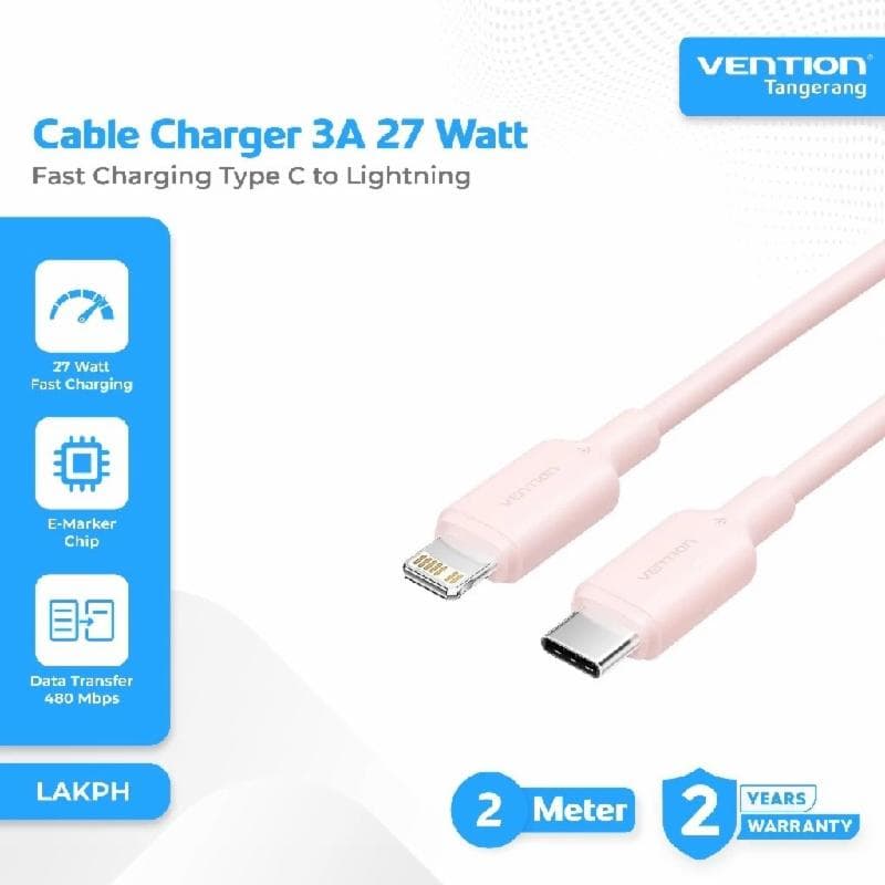 VENTION LAKPH USB 2.0 Type-C Male to Lightning Male 3A Cable 2M Pink PVC Type