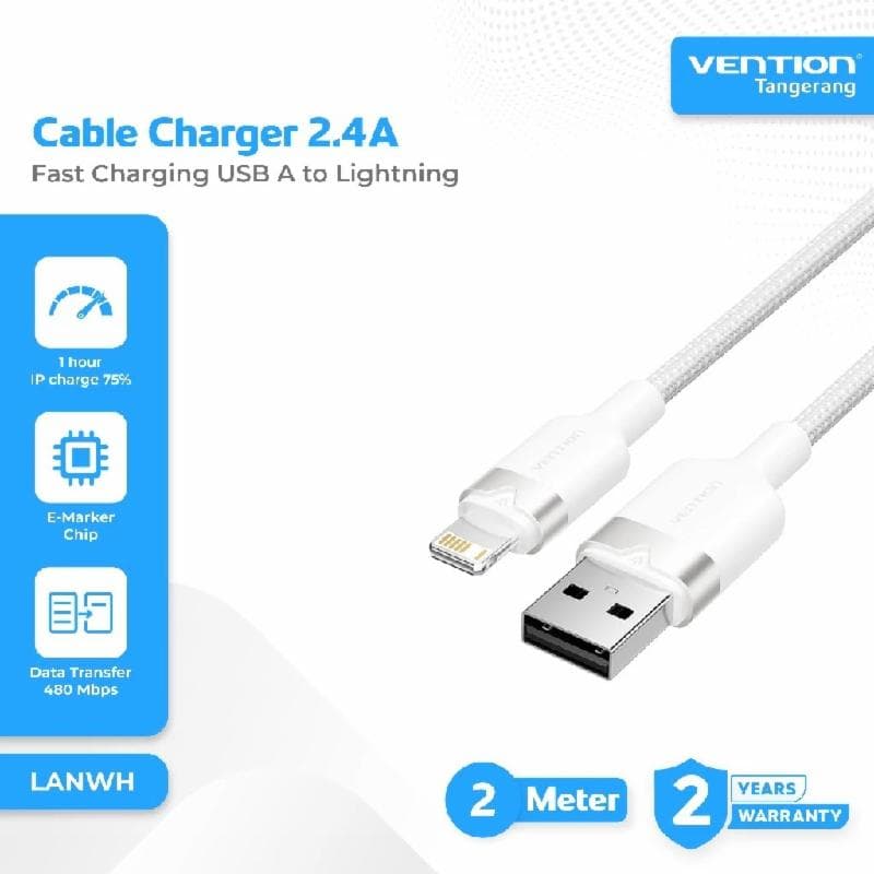 VENTION LANWH USB 2.0 Type-A Male to Lightning Male 2.4A Cable 2M White Aluminum Alloy Type
