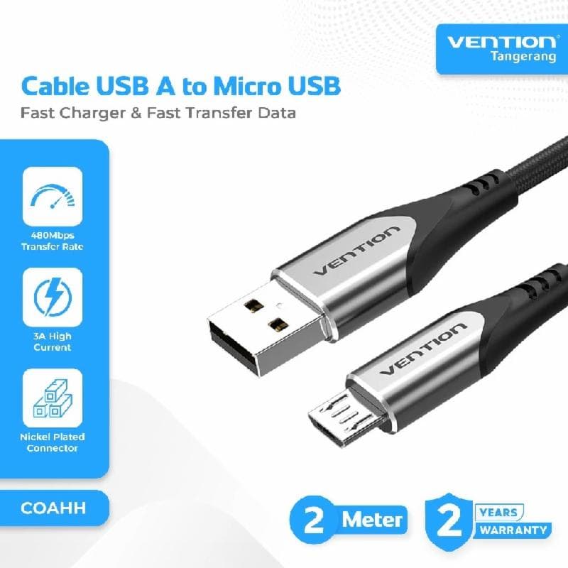 VENTION COAHH Cotton Braided USB 2.0 A Male to Micro-B Male 3A Cable 2M Gray Aluminum Alloy Type