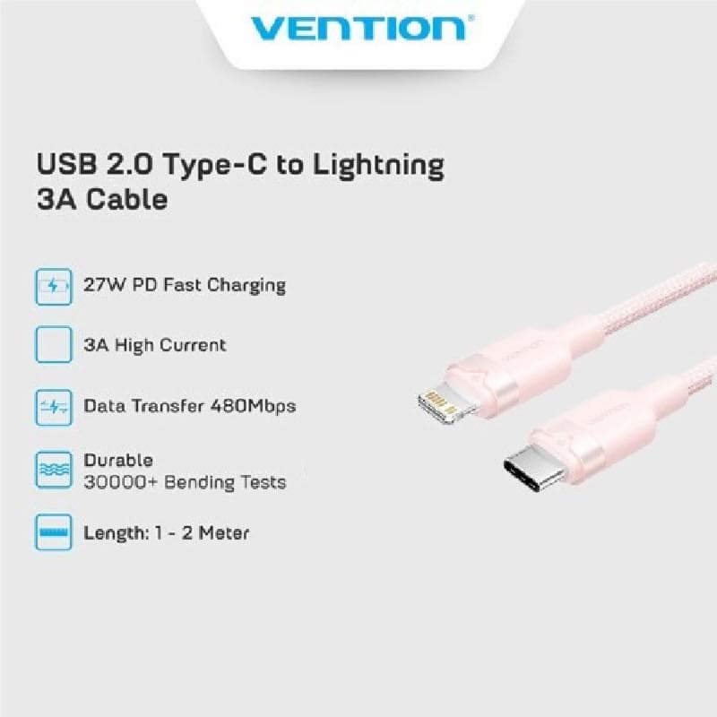 VENTION LALPF USB 2.0 Type-C Male to Lightning Male 3A Cable 1M Pink Aluminum Alloy Type