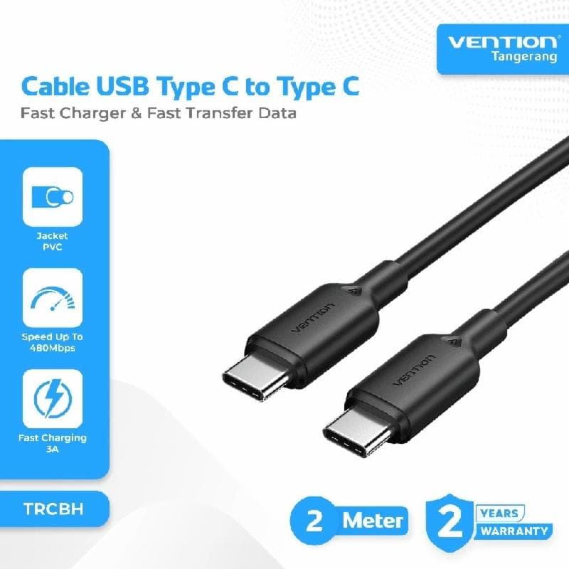 VENTION TRCBH USB 2.0 Type-C Male to Type-C Male 3A Cable 2M Black PVC Type