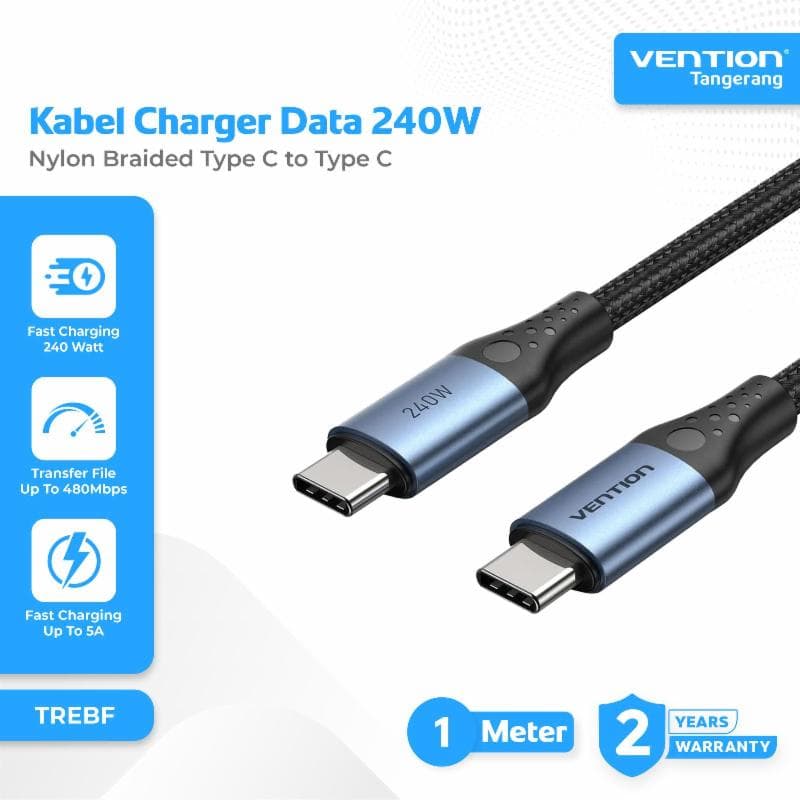 VENTION TREBF USB 2.0 C Male to C Male 240W Cable 1M Black Aluminum Alloy Type