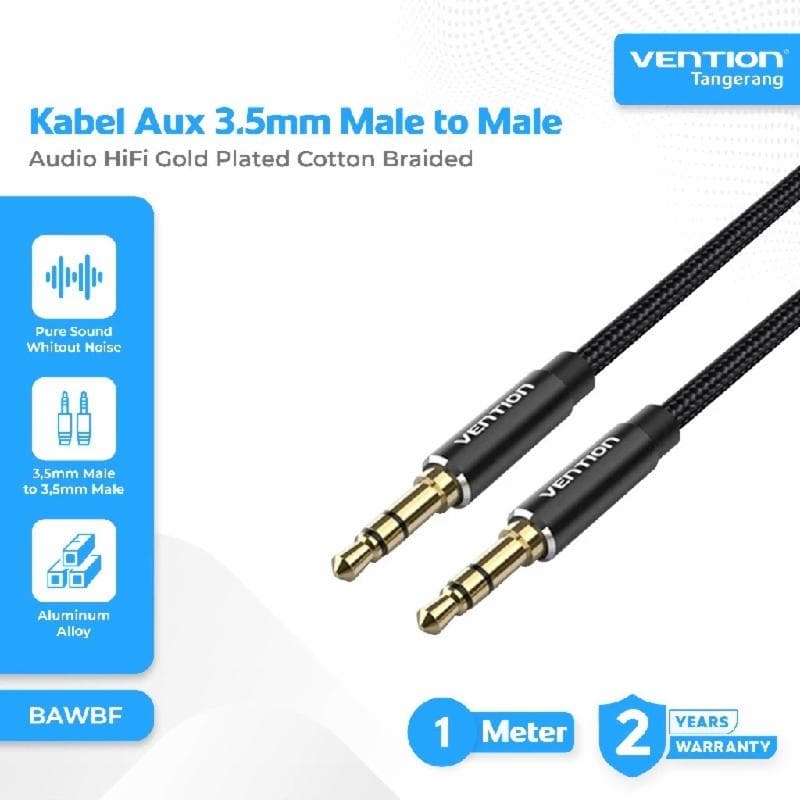 VENTION BAWBF Cotton Braided 3.5mm Male to Male Audio Cable 1M Black Aluminum Alloy Type