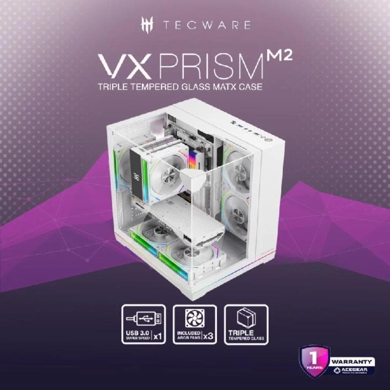 TECWARE VX Prism M2 (White) Matx TG Case w/ 3 x ARGB Fans