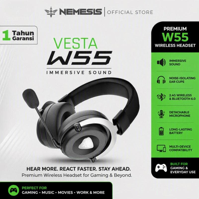 NYK NEMESIS VESTA W55 (Black) Headset Gaming Wireless Bluetooth 3in1 Connection