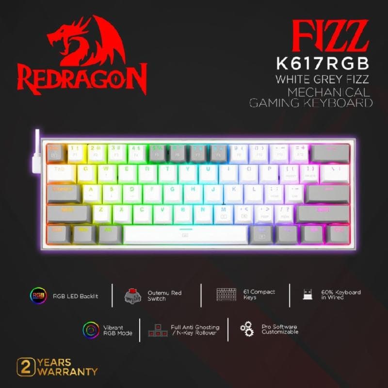 REDRAGON FIZZ - K617-RGB (WHITE GREY) RED SWITCH MECHANICAL GAMING KEYBOARD