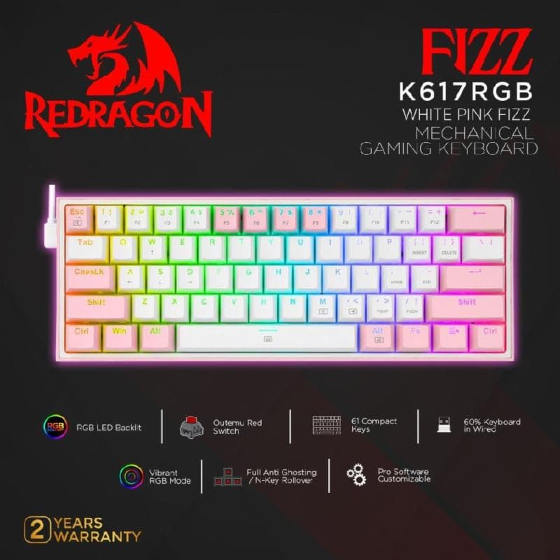 REDRAGON FIZZ - K617-RGB (WHITE PINK) RED SWITCH MECHANICAL GAMING KEYBOARD