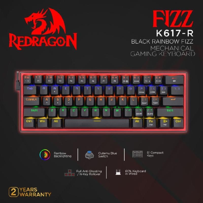 REDRAGON FIZZ-K617-R (BLACK) RAINBOW Blue Switch Mechanical Gaming Keyboard 60%