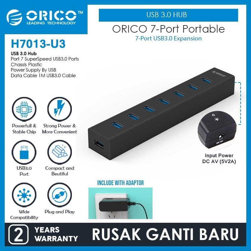 ORICO H7013-U3 - BLACK 7-Port Portable USB 3.0 HUB
