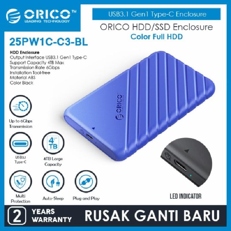 ORICO 25PW1C-C3-BL-EP (BLUE) 2.5 inch USB3.1 Gen1 Type-C Hard Drive Enclosure