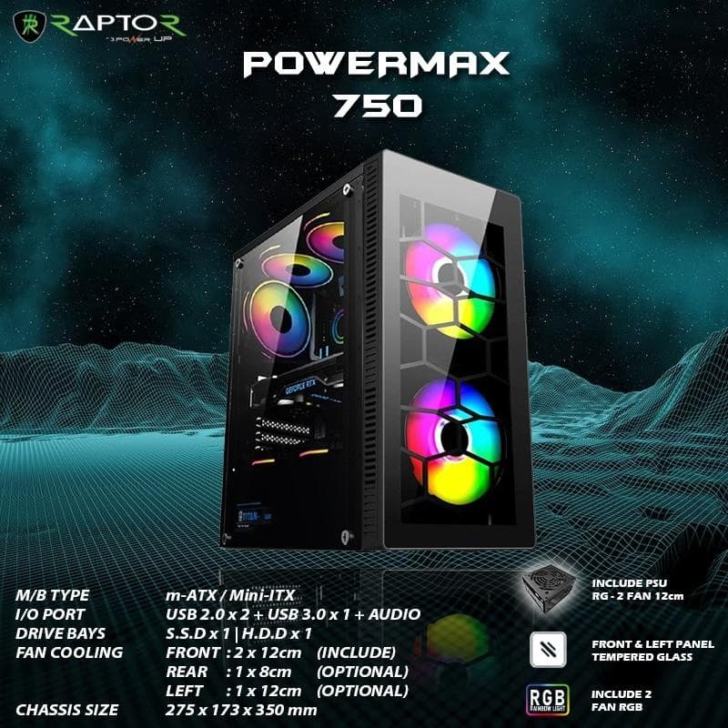POWER UP POWERMAX CPM 750 (BLACK) FRONT TEMPERED GLASS + PSU FREE 2 FAN