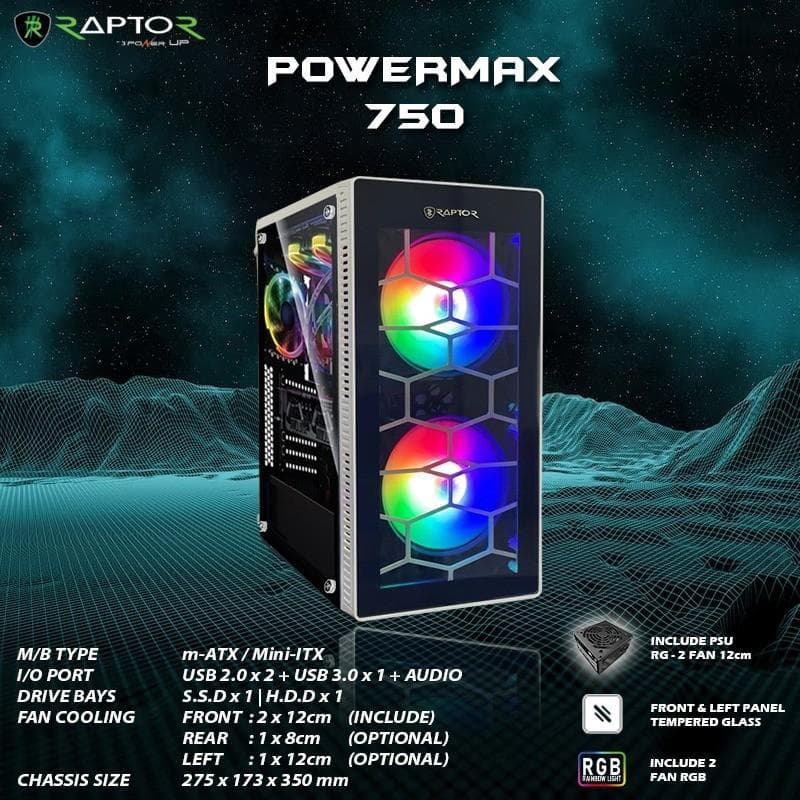 POWER UP POWERMAX CPM 750 (WHITE) FRONT TEMPERED GLASS + PSU FREE 2 FAN
