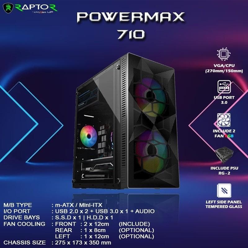 POWER UP RAPTOR POWERMAX 710 (BLACK) SIDE TEMPERED GLASS + PSU FREE 2 FAN