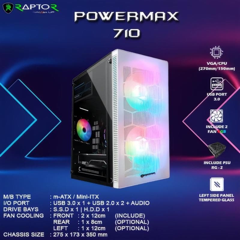 POWER UP RAPTOR POWERMAX 710 (WHITE) SIDE TEMPERED GLASS + PSU FREE 2 FAN